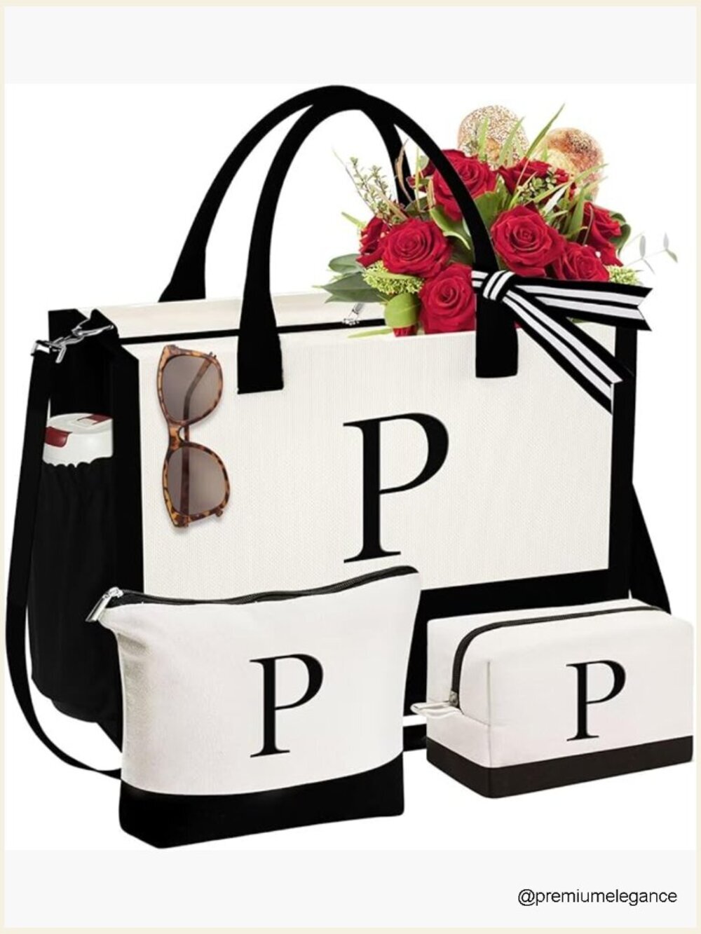 Initial Canvas Tote Bag Set with Makeup Bag, Monogrammed, Large Capacity,